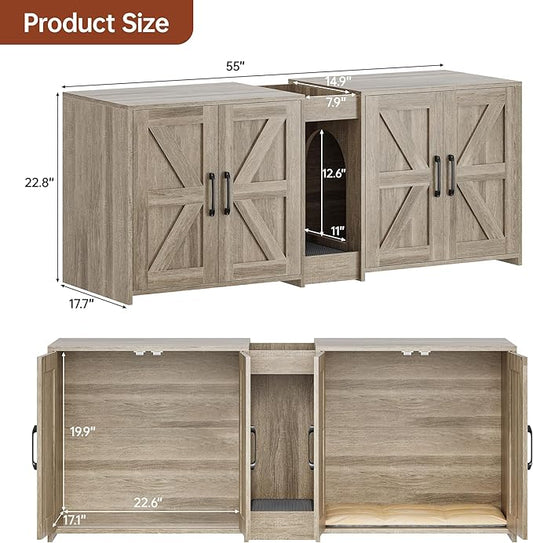 Cat Litter Box Enclosure Furniture - Hidden Litter Box Double Cabinet with Scratch Pad & Cats Bed | Farmhouse Style End Table for Cats | Discreet Cat Washroom for Living Room & Bedroom Grey