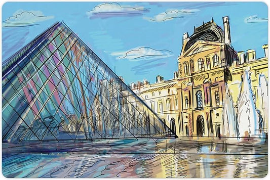 Lunarable Sketchy Pet Mat for Food and Water, Museum Themed Paris Watercolor Modern French Place Pop Art Style Day Time Image, Non-Slip Rubber Mat for Dogs and Cats, 18" X 12", Cream and Blue