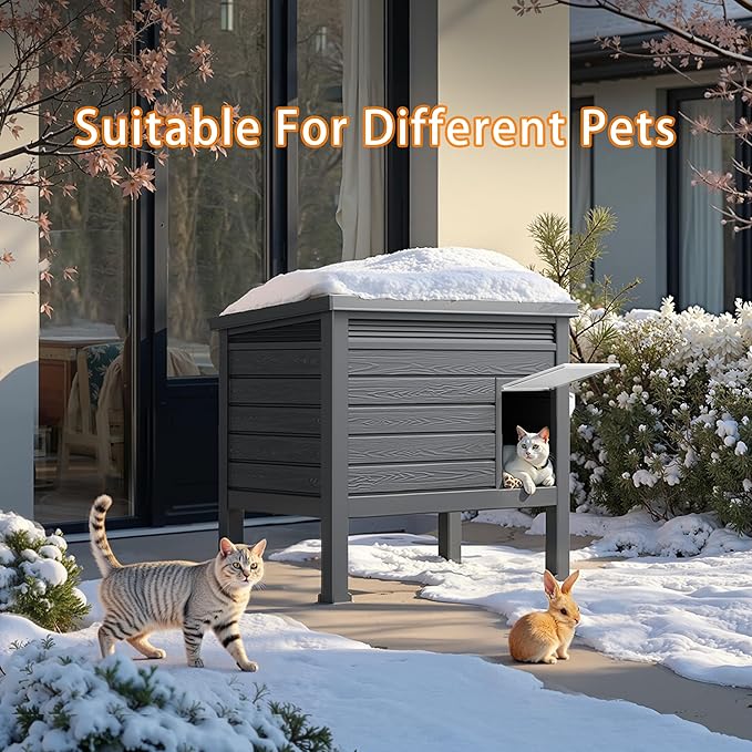 Cat House Outdoor,Weatherproof Feral Cat Shelter with Raised Floor&Windscreen,Resin Insulated Cat House for Winter,for Cats and Small Animals,Black