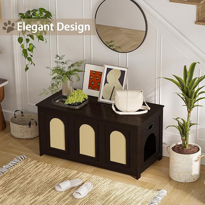 DINZI LVJ Cat Litter Box Enclosure, Flip Top Litter Box Furniture, Rattan-Like Hidden Cat Washroom, Wooden Pet House, End Side Table, 39.4"L x 19.7"W x 19.7"H, Easy to Assemble, Espresso with Rattan