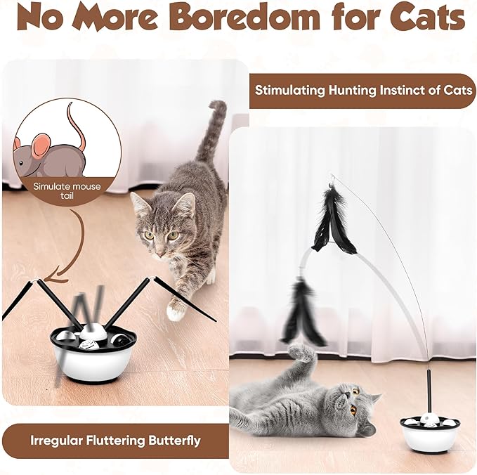 Cat Toys for Indoor Cats - Automatic Cat Dancer & Interactive Cat Toy Kit with Feather, Butterfly, Ribbon & Catnip Wand - Enrichment USB Rechargeable (Black)