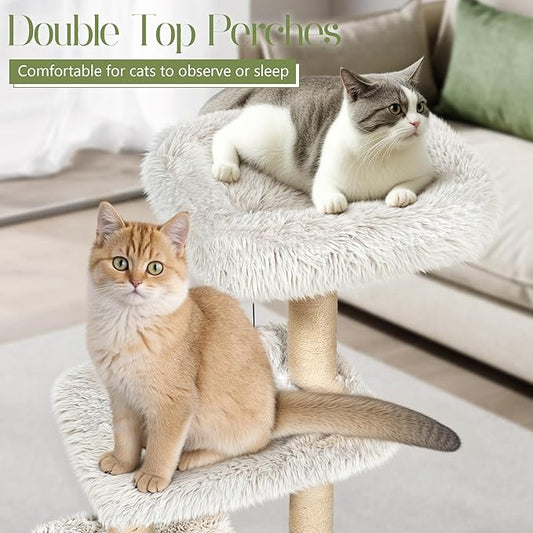 KAMABOKO 41" Tall Modern Cat Tree - Wooden Cat Tower with Cat Condo, Hammock & Top Perch, Cute Wood Cat Tree Natural Sisal Posts for Climb Scratch Play Rest