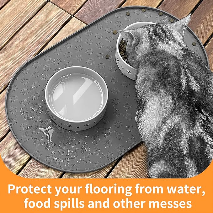 KPWACD Pet Placemat for Dog and Cat, Anti-Slip Waterproof Dogs Feeding Bowl Mat Prevent Food and Water Overflow, Silicone Puppy Dish Mats Suitable for Small Medium Big Pets, Grey, 24" * 16"