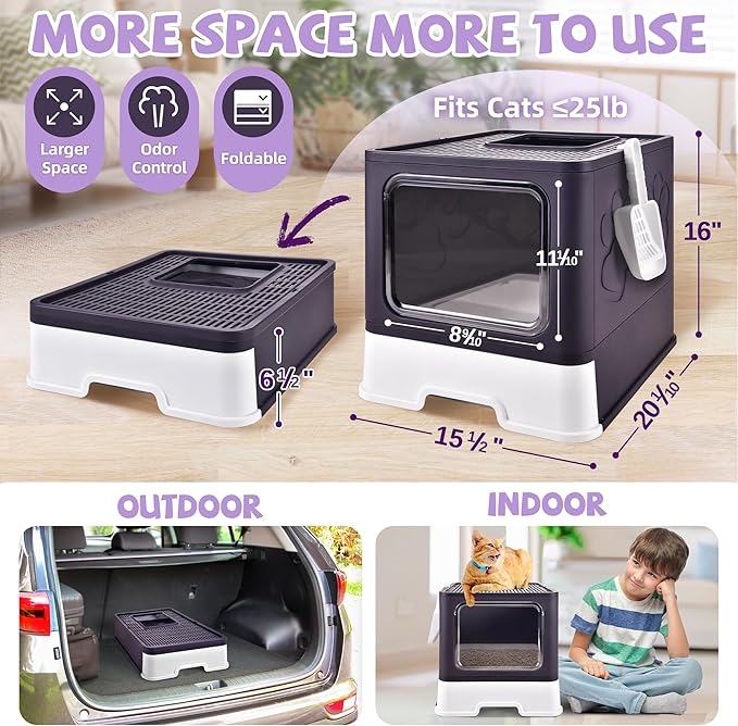 Cat Litter Box with Litter Mat, Foldable Extra Large Free in and Out/One-Way with Lid, Drawer Type Enclosed Kitty Litter Box,Odor Control Anti-Splashing Easy Cleaning (Purple)