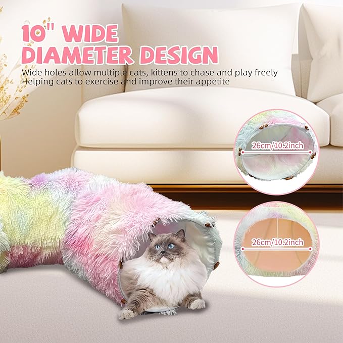 Cat Tunnel Bed with Furry Soft Mat,Cat Donut Tunnels for Indoor Kitten Large Cats to Chase and Play, Peekaboo Tube Cat Cave Toys,Foldable & Easy to Store,Diameter 31.5" (Rainbow Color)