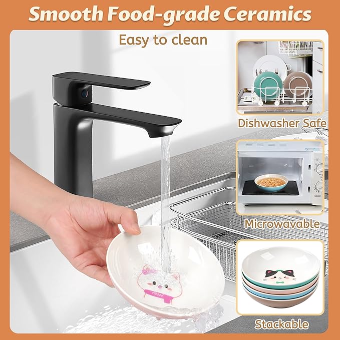 Cat Bowls, Ceramic Cat Food Bowl Set with White Silicone Ring for Non Slip, Cute Cats Dishes or Plates for Feeding Indoor Cats, Kitten, Small Dogs (Multicolored 4 Pack-Cute Pet, 5.5 Inches)