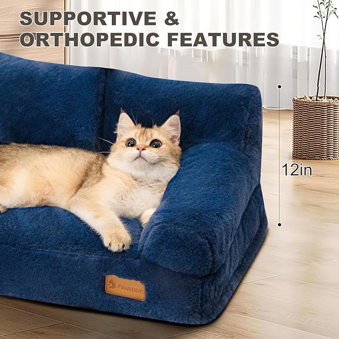 Cat Couch Bed - Cat Bed for Indoor Cats, Calming Pet Sofa Puppy Sleeping Bed with Removable Washable Cover, Cute Dog Couch and Kitty Lounge Chair for 20lbs Cats & Small Dogs(Navy Blue)