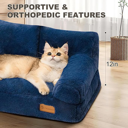 Cat Couch Bed - Cat Bed for Indoor Cats, Calming Pet Sofa Puppy Sleeping Bed with Removable Washable Cover, Cute Dog Couch and Kitty Lounge Chair for 20lbs Cats & Small Dogs(Navy Blue)