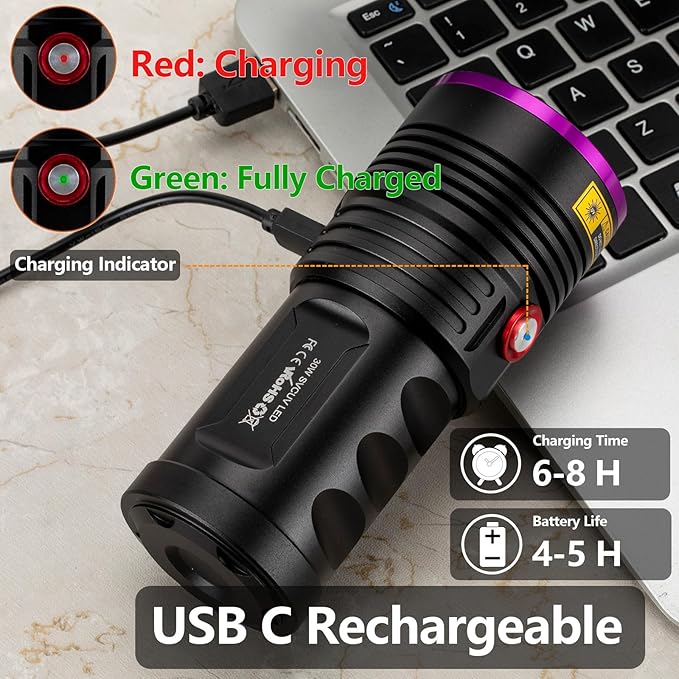 ALONEFIRE H42UV 36W 365nm UV Flashlight USB Rechargeable Ultraviolet Blacklight Torch Pet Urine Detector for Resin Curing, Fishing, Scorpion with UV Protective Glasses, 4PCS Battery Included