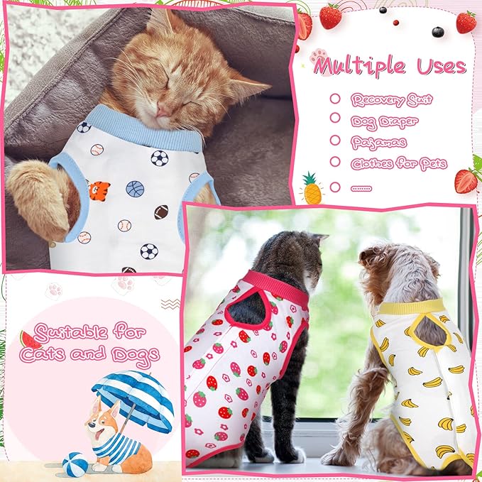 Nuanchu 3 Pieces Cat Recovery Suit Kitten Recovery Suit E-Collar Alternative for Cats and Dogs Abdominal Skin Anti Licking Pajama Clothes Sets(Strawberry Pattern,Medium)