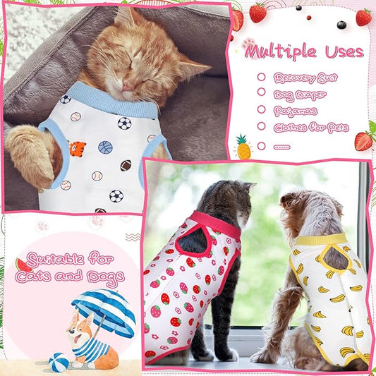 Nuanchu 3 Pieces Cat Recovery Suit Kitten Recovery Suit E-Collar Alternative for Cats and Dogs Abdominal Skin Anti Licking Pajama Clothes Sets(Strawberry Pattern,Large)