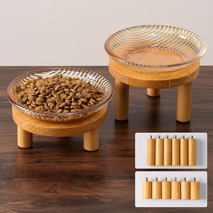 Cat Bowls Whisker Friendly with Wooden Stands. Raised Elevated Glass Whisker Fatigue Cat Bowl for Indoor Cats. 2PCS (Amber)