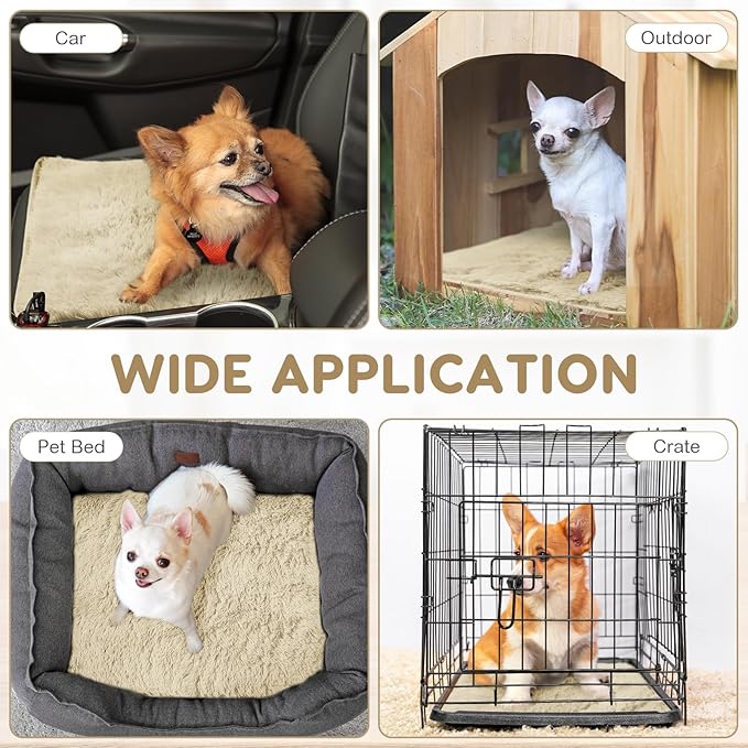 4 Pack Self Warming Cat Bed Pad Self Heating Dog Mat with Fluffy Faux Fur Plush Cat Calming Bed Thermal Mat Washable Pet Pad Anti Slip Bottom for Outdoor Indoor Pets(Camel,16" X 20")