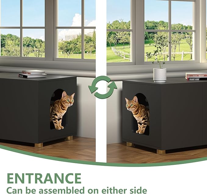 Small Litter Box Enclosure, Sleek Modern Cat Litter Box Cabinet Furniture, Wooden Cat House, End Table (Black)