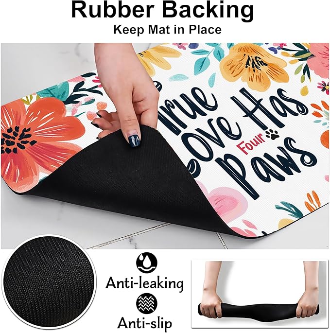 True Love Floral Dog Cat Food Mat-Absorbent Placemat for Food and Water Bowl, Waterproof Non Slip Rubber Backing Dog Food Mats for Floors, Pet Supplies 12 * 20 inch