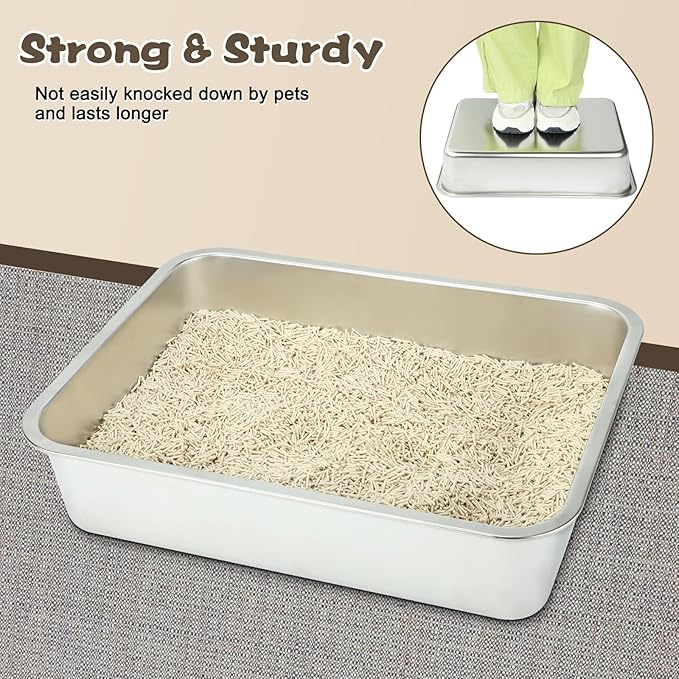 Rypet 2 Packs Stainless Steel Litter Box Metal Litter Box for Cats High Back Litter Boxes Non-Stick Cat Poop Box，Easy to Clean(17.7"*13.8"*3.9")