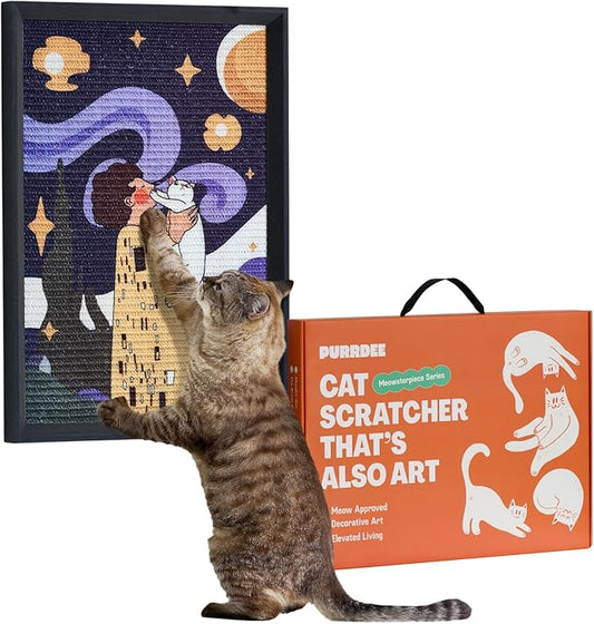 Decorative Wall Art Sisal Cat Scratcher with Vertical Mounted Setup, 14x20 Large & Durable Scratch Pad Ideal for Adult Cats with Gallery-Style Frame That Looks Like a Painting (Not The Kiss)