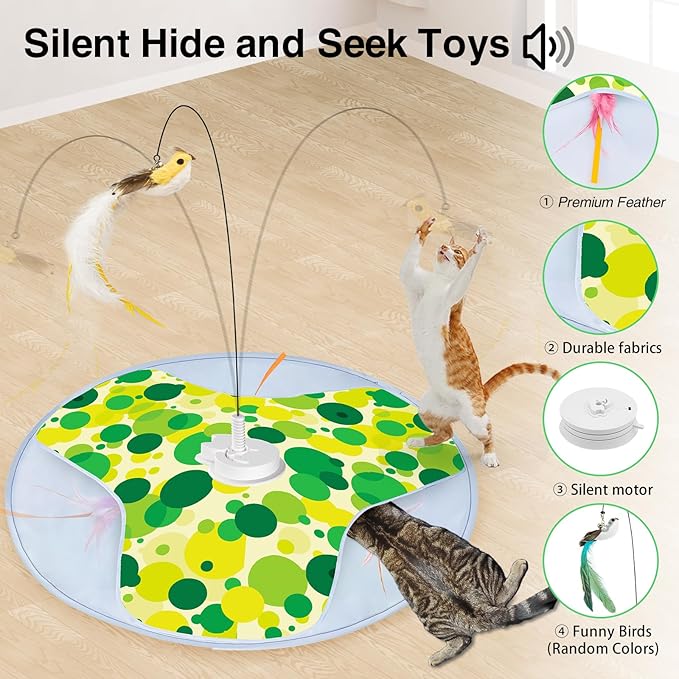 Interactive Cat Toy, Rechargeable Automatic Cat Toys for Indoor Cats, Motion Activated Hide and Seek Cat Toy with Bird Cat Wand, Moving Feather for Bored Indoor Adult Cats/Kittens