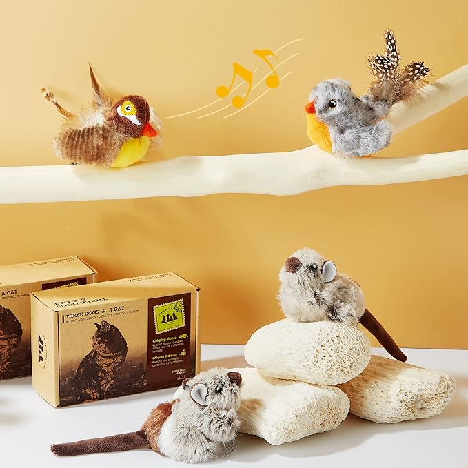 2 Pack Cat Toys Interactive for Indoor Cats Feather Squeaky Bird & Mouse Kitten Plush Toys, Three Dogs & A Cat Melody Chaser Motion Activated Kitty Toys with Bird Chirping