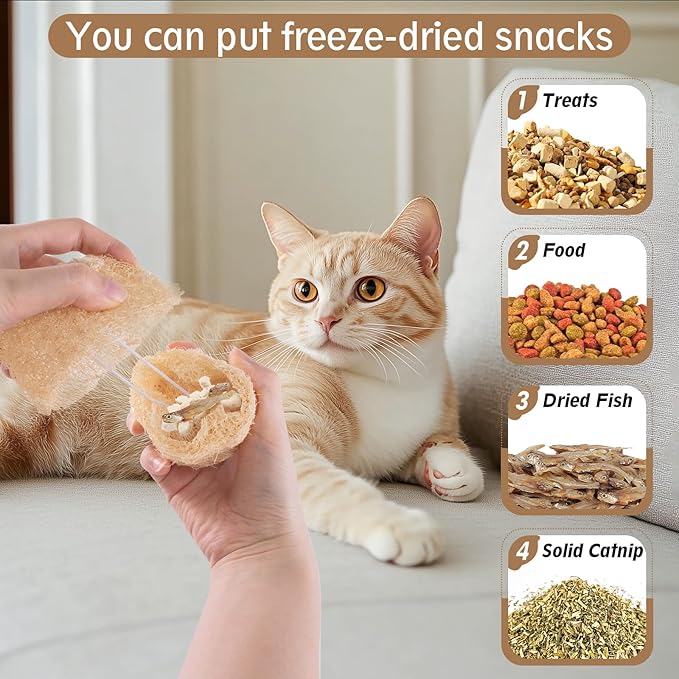 Natural Loofah Replacement Cat Toy Wand Refills, Cat Chew Toy-Handmade Gum Massage Teether w/Catnip,Teeth Cleaning Toys for Aggressive Chewers,Safe Kitten Bite Relief & Stress Relief, 2 Pack