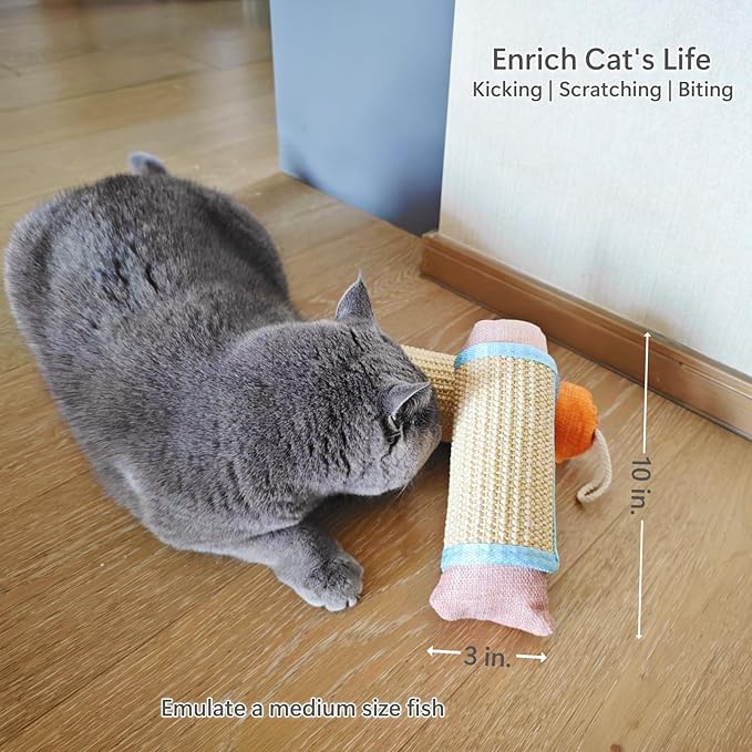 Interactive Cat Kicker Toy, 10 Inch Long Cat Scratcher Post, Natural Sisal Toy for Indoor Cats(Pink and Blue)