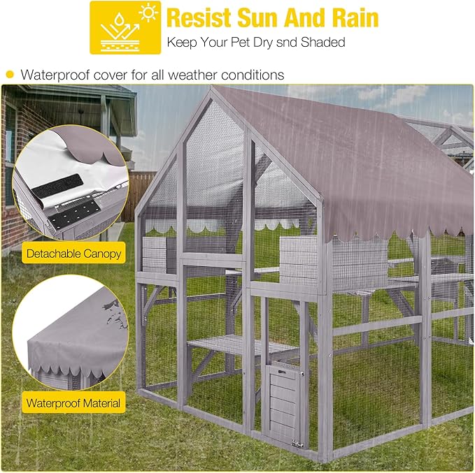 Aivituvin Catio for Multiple Cats, Large 56.54ft² Outdoor Enclosure, Weatherproof w/ 2 Bridges, 7 Trails, 2 Houses, Grey