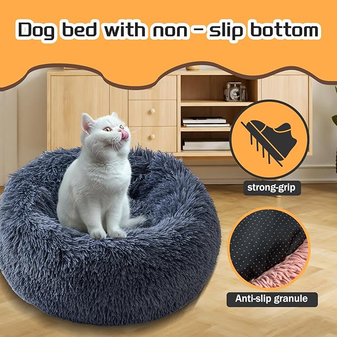 Comfort Donut Dog Bed - Ultra-Soft Pet Bed with Neck Support, 3 Sizes (Machine Washable) for Small/Medium/Large Dogs & Cats (Gray, 24''Lx24''Wx8''Th)