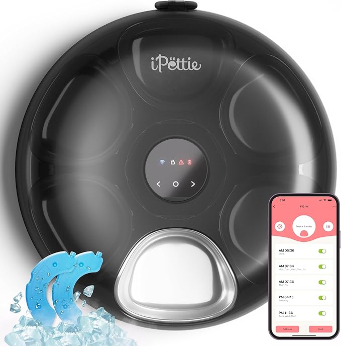 [Stainless Steel Tray Version] iPettie Donut Frost WiFi 6 Meal Automatic Wet Food Feeder with Ice Packs for Senior and Weak Pets, App Control Programmable Timer, Holds 6 x ½ lb. of Food, Black