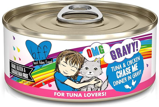 Weruva B.F.F. OMG - Best Feline Friend Oh My Gravy!, Tuna & Chicken Chase Me with Tuna & Chicken, 5.5oz Can (Pack of 8)