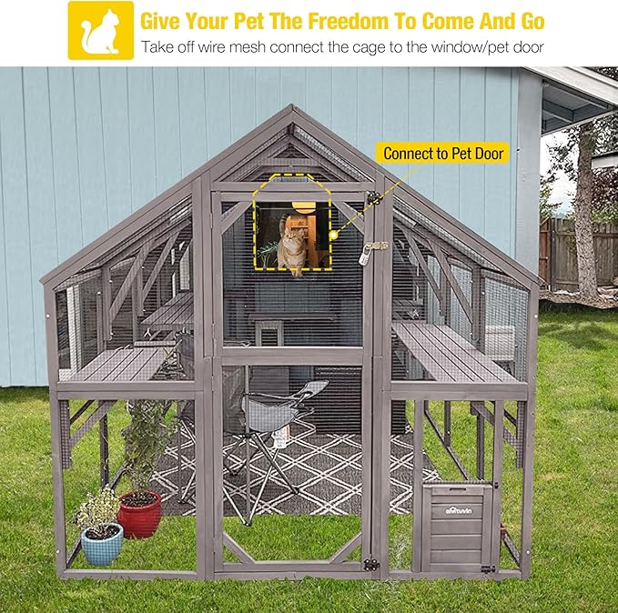 Aivituvin Catio for Multiple Cats, Large 56.54ft² Outdoor Enclosure, Weatherproof w/ 2 Bridges, 7 Trails, 2 Houses, Grey