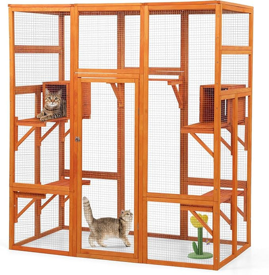 Large Wooden Catio Outdoor Cat Enclosure - Cat Play & Run Enclosures Indoor Kitty Window Catio with Waterproof Roof, 7 Platforms & 2 Resting Box, UV Resistant, 62.5" L x 32.5" W x 70" H, Orange