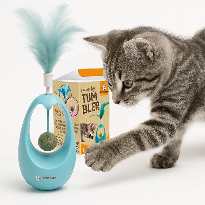 Cat Feather Toy - Interactive Self-Righting Wobble Tumbler with Catnip Ball for Indoor Cat Exercise and Entertainment - Silent Battery-Free - Perfect for Busy Owners (Green)