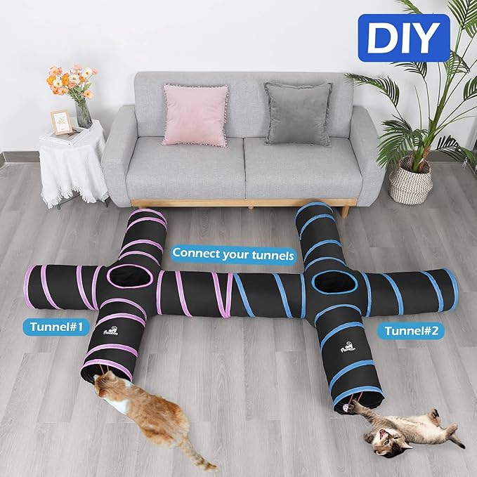 PAWABOO Cat Tunnel, Premium 4 Way Tunnels Extensible Collapsible Cat Play Tunnel Toy Maze Interactive Tube Toy Cat House with Pompon and Bells for Cat Puppy Kitten Rabbit, Black & Light Blue