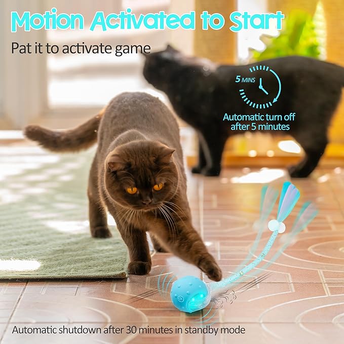 Interactive Cat Toys Ball for Indoor Cats, 2025 New Generation Automatic Moving Ball Toy with Elastic Mesh Tail, Chirping & Obstacle Avoidance and Motion Activated, Blue