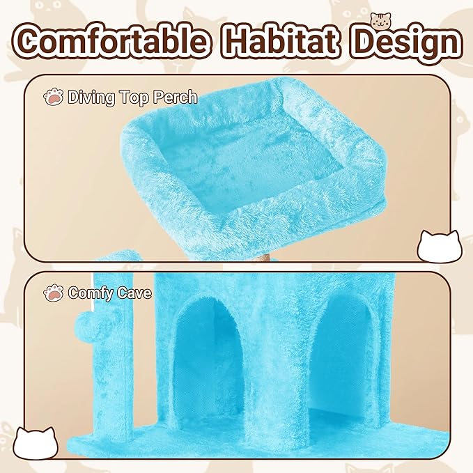 Cat Tree, 54-Inch Cat Tower for Indoor Cats,Plush Multi-Level Cat Condo with Scratching Posts, Basket, Perches,2 Caves,2 Pompoms(Blue)