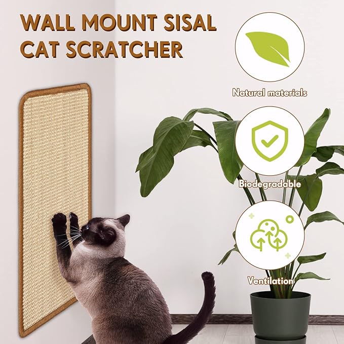 Mixweer 3 Pcs Wall Cat Scratcher Mat 19.7 x 9.8 Wall Mounted Scratching Pad for Indoor Cats Couch Carpet Furniture Protector, with Hook Loop Strips