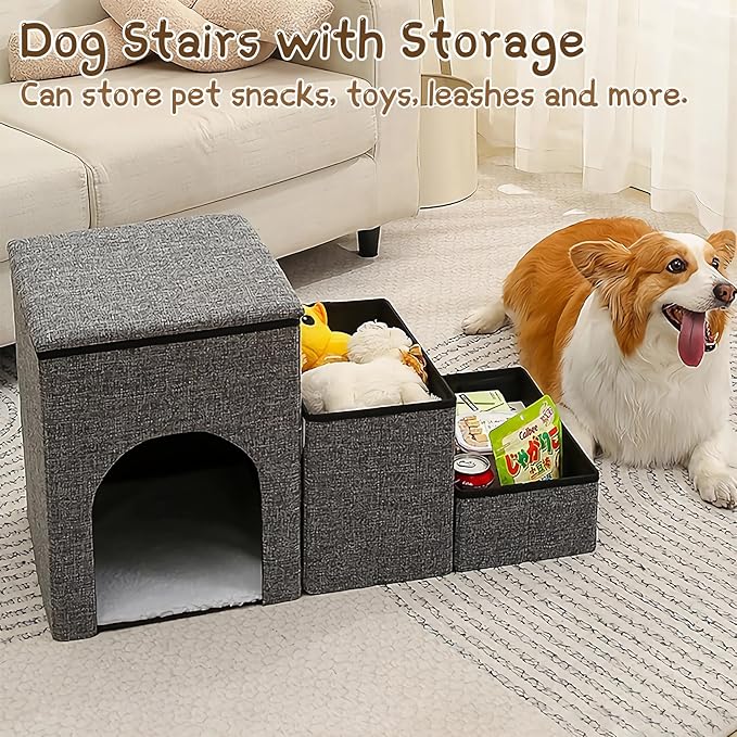 Fhiny Dog Stairs with Storage, 3-Steps Foldable Pet Stairs for Small Dogs Non-Slip Puppy Steps with Condo for High Bed & Couch Dog Ramp for Old Dogs and Cats, Holding up to 160 lbs Pets (Grey)