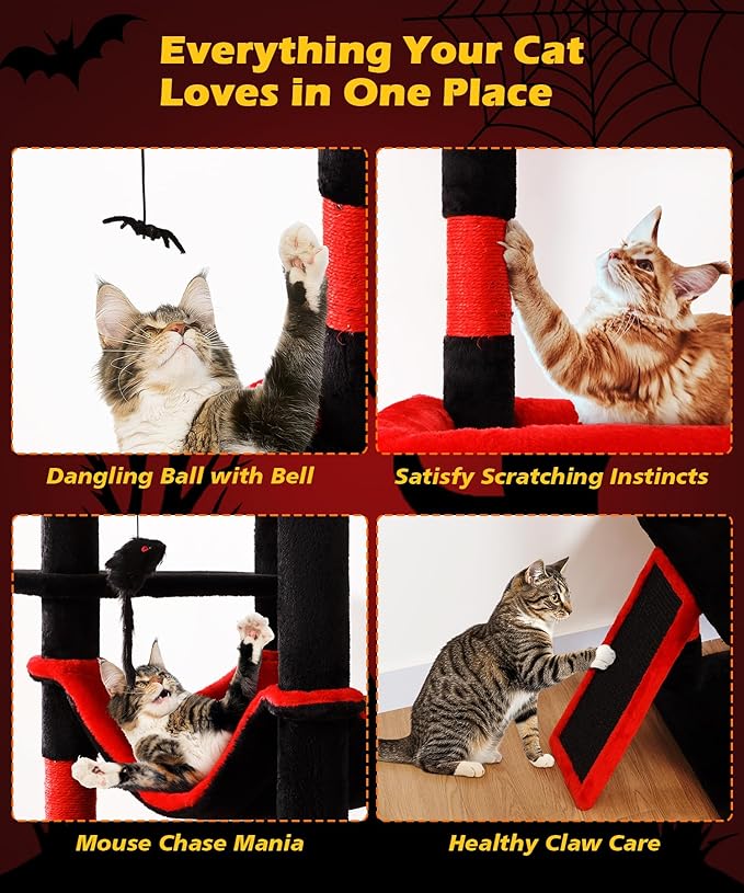 AMHANCIBLE Large Gothic Cat Tree, 83 Inch Tall Tower for Indoor Adult Cats, with Scratching Post and Board, Hammock, Condos, Hanging Basket, Activity Center to Play and Sleep, Black Red, PT21RD