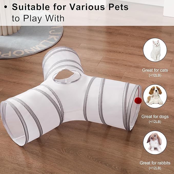 Love's cabin Cat Tunnel Tube Toys 3 Way Collapsible, Cat Tunnels for Indoor Cats，Kitten Tunnel Bored Pet Play Tunnel with Peek Hole Toy Ball for Kitty, Kitten, Rabbit, Light Gray&Gray