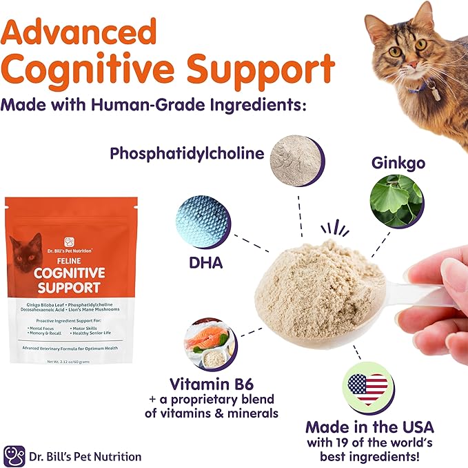 Dr. Bill's Feline Cognitive Support | Memory Support Supplement for Cats | Pet Supplement | Contains Gingko Biloba, L-Carnosine, Vitamin B-12, L-Glutamine, L-Tyrosine, and DHA