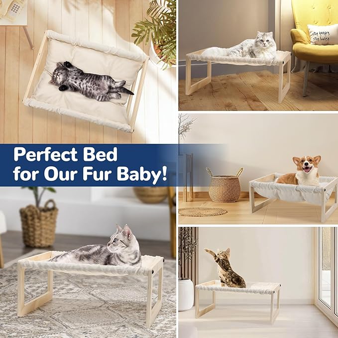 Cat Bed with Removable Washable Cushion, 9.5" Elevated Wooden Cat Hammock Bed, 360° Visibility Dog/Cat Cot with Cozy Winter Pads for Kitty, Puppy, Rabbit and All Pets