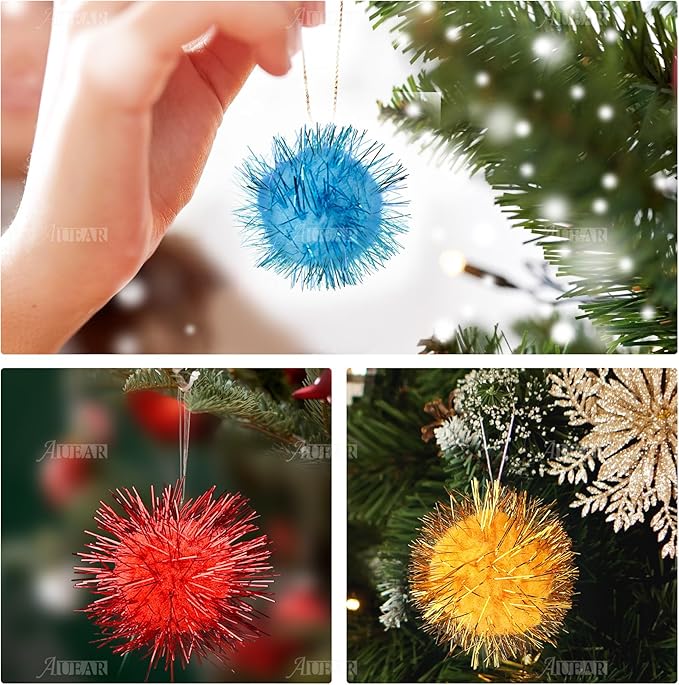 AUEAR, 20 Pack Sparkle Balls 1.5 Inches Tinsel Poms for Cats Pets Assorted Colors
