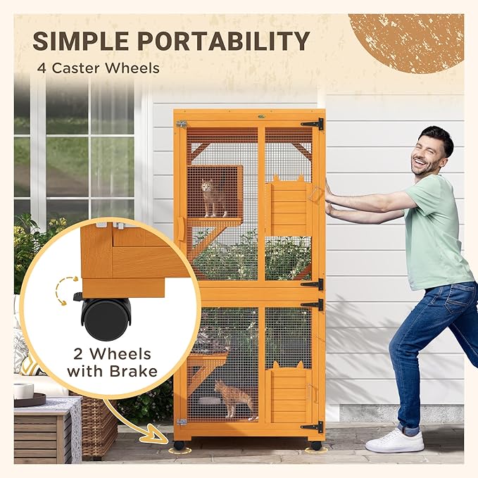 PawHut Wooden Catio with Waterproof Roof, Large Cat House with High-Up Resting Box, Indoor & Outdoor Cat Enclosure with Wheels, for 1-3 Cats, Orange