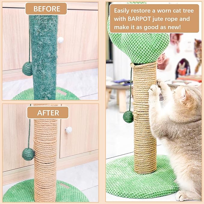 Rope for Cat Scratching Post - BARPOT Natural Hemp Rope for Scratching Post Tree Replacement, 1/4 inch Hemp Rope for Cat Tree and Tower (50FT)