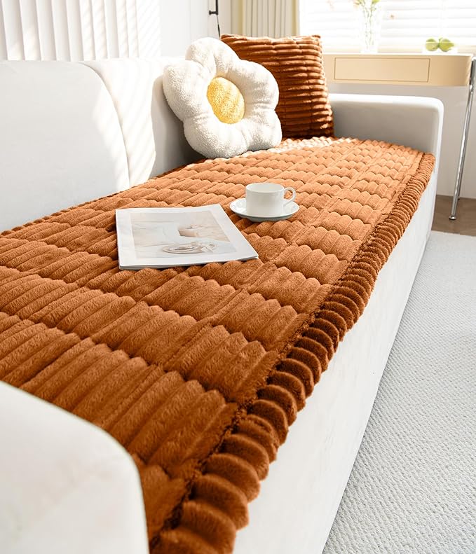 Faux Fur Plush Dog Couch Cover 3D Stripe Fuzzy Sofa Cover Non-Slip Fluffy Dog Bed Cover Pet Blanket Sofa Couch Furniture Protector for Puppy Large Dog Cat (Brown,28"x70")