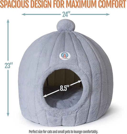 Extra Large Cat Cave Bed for Large Cats & Small Dogs – Plush Dome Hideaway with Removable Cushion – Spacious, Enclosed Cat House (24x23”, Light Gray)
