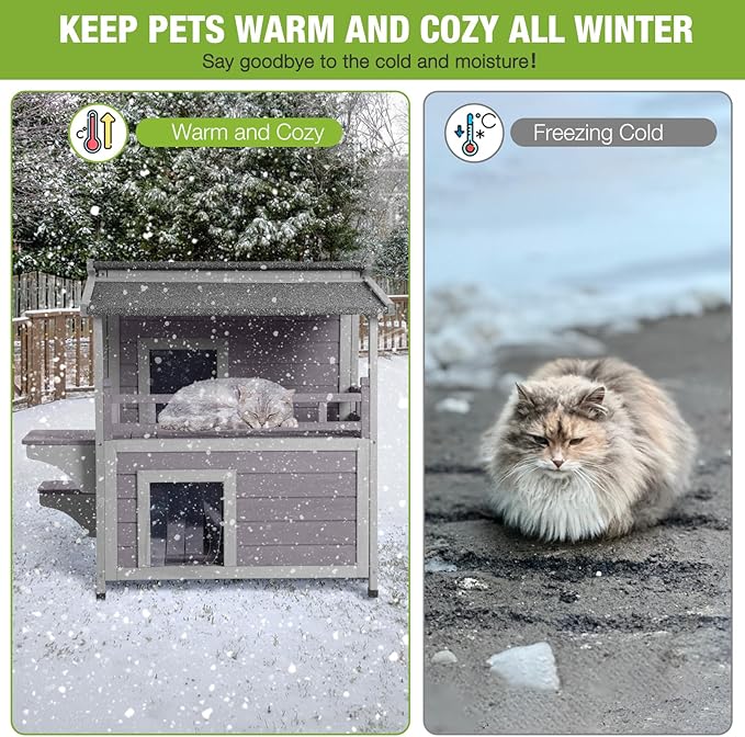 GUTINNEEN Outdoor Cat House Insulated, Weatherproof Cat Shelter with Insulation Liner for Winter, 2-Story Wooden Kitty Condo with Openable Waterproof Asphalt Roof, Elevated Plastic Feet
