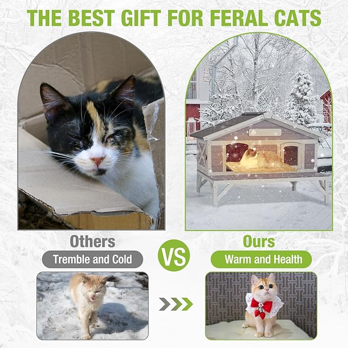 GUTINNEEN Outdoor Cat House for Winter Weatherproof Feral Cat Shelter with Large Porch Balcony Escape Doors