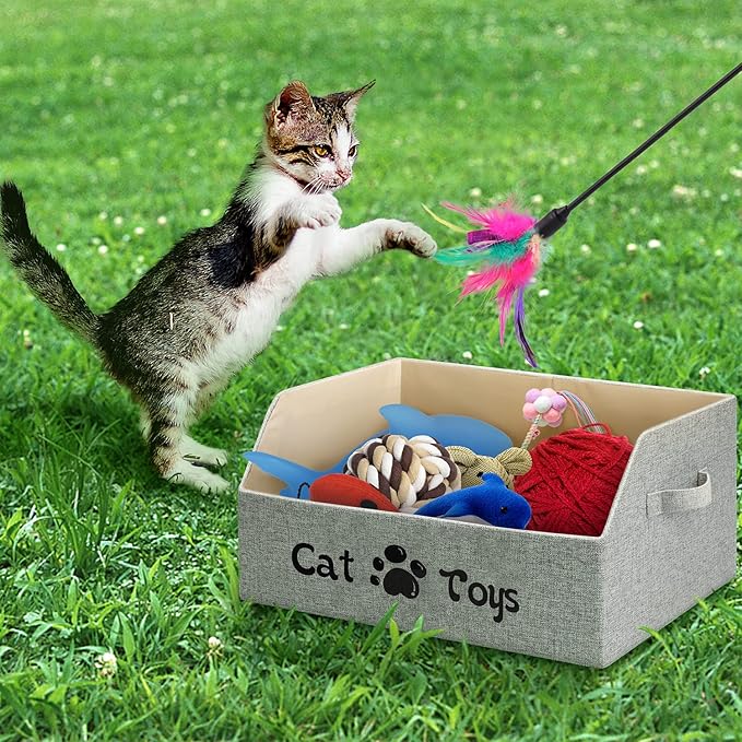 2X Thicker Large Cat Toy Bin Collapsible Cat Toy Box Sturdy Cat Toy Basket Kitten Toy Storage Bed for Organizing Cat Toys Treats Clothes and Accessories (Grey)