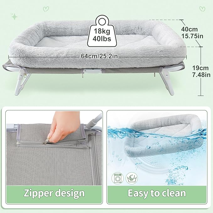 Sunhoo Elevated Cat Bed Foldable Raised Pet Hammock Self-Supporting Puppy Lounger with Off Floor Metal Frame Washable Cover for Small Dog Kitten Indoor Use 25.2x15.75x7.48 in（Grey）